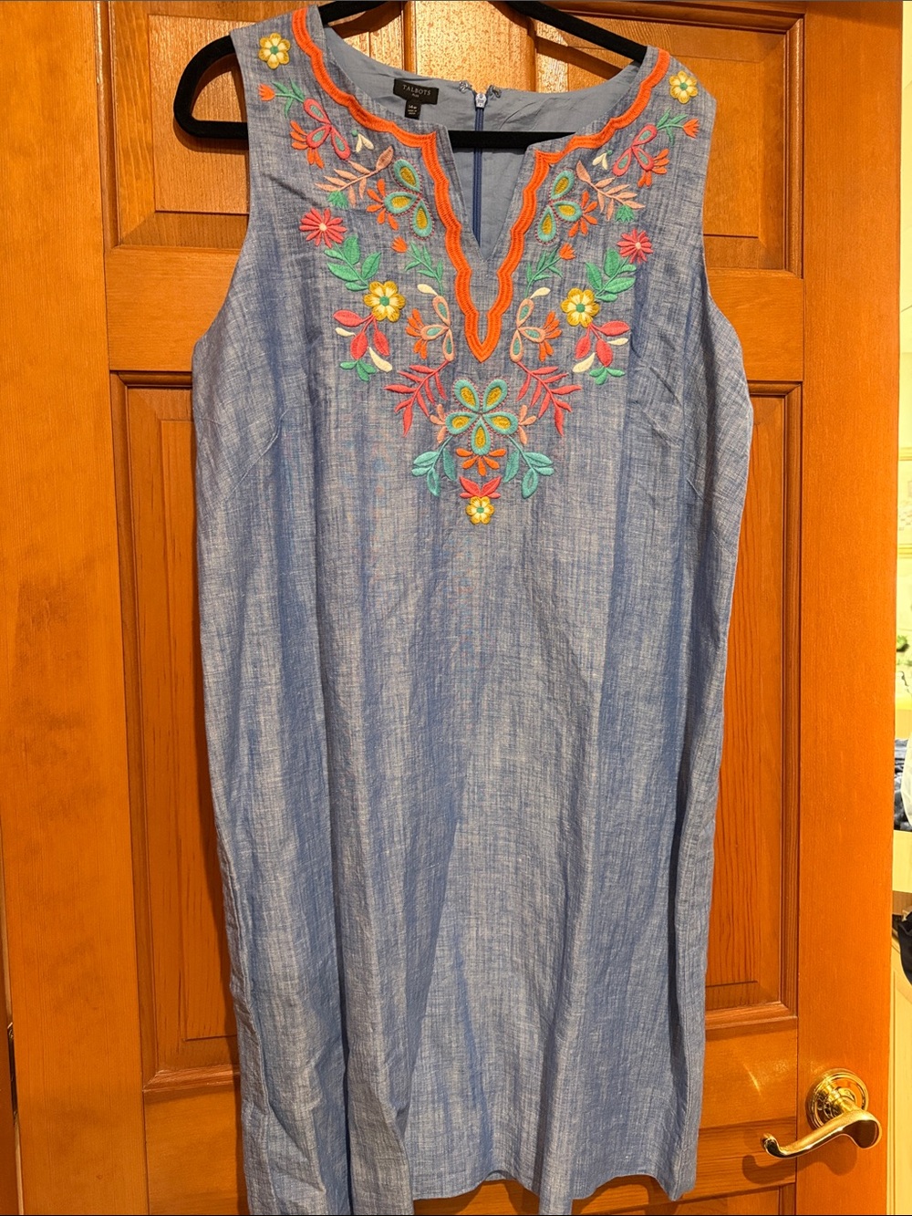 Talbots Sleeveless Chambray Tunic with Bright Floral Embroidery - Blue